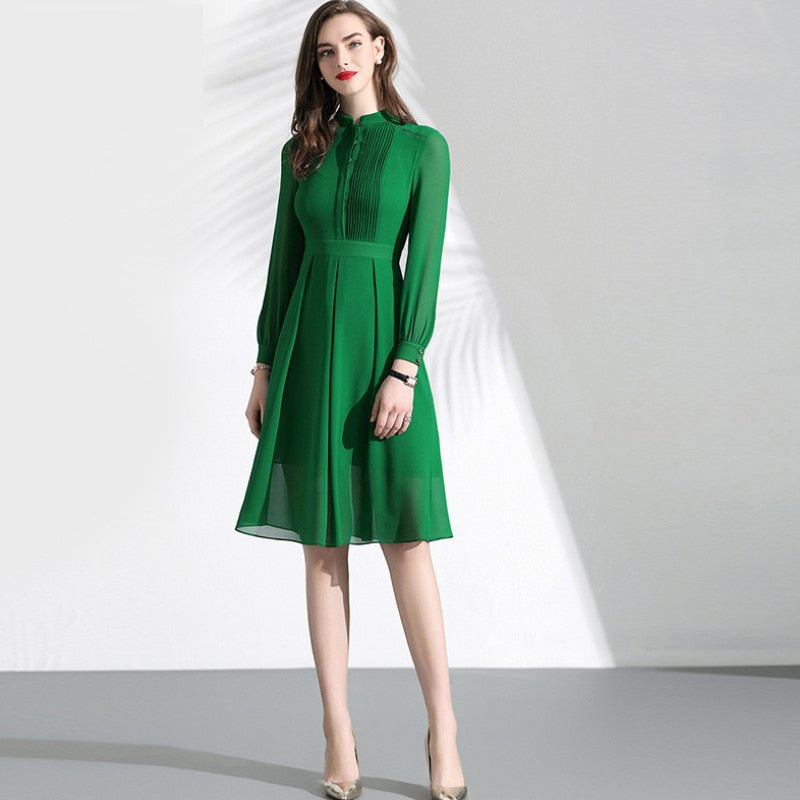 Green long-sleeved pleated waist women's chiffon dress - winsomesboutique