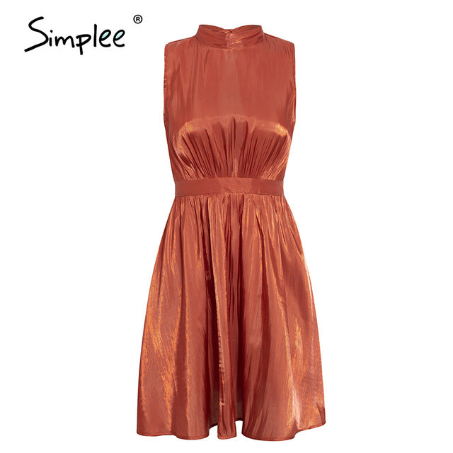 Simplee Elegant Solid Brick Red Sleeveless Casual Women Dress - winsomesboutique