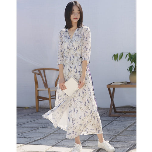 V-neck Elegant Lacing Ramie Long Dress - winsomesboutique