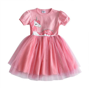 DXTON Flying Sleeve Kids Unicorn Party Dresses Children Clothing 3-8Y - winsomesboutique