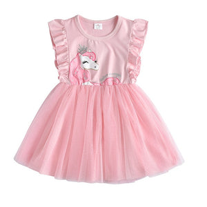 DXTON Flying Sleeve Kids Unicorn Party Dresses Children Clothing 3-8Y - winsomesboutique