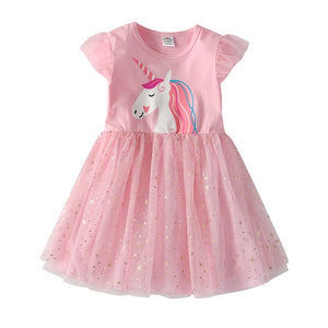 DXTON Flying Sleeve Kids Unicorn Party Dresses Children Clothing 3-8Y - winsomesboutique