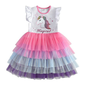 DXTON Flying Sleeve Kids Unicorn Party Dresses Children Clothing 3-8Y - winsomesboutique