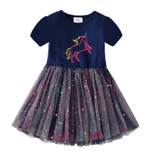 DXTON Flying Sleeve Kids Unicorn Party Dresses Children Clothing 3-8Y - winsomesboutique