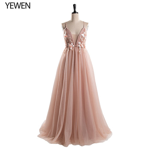 Deep V Neck Tulle Long Evening Dress - winsomesboutique