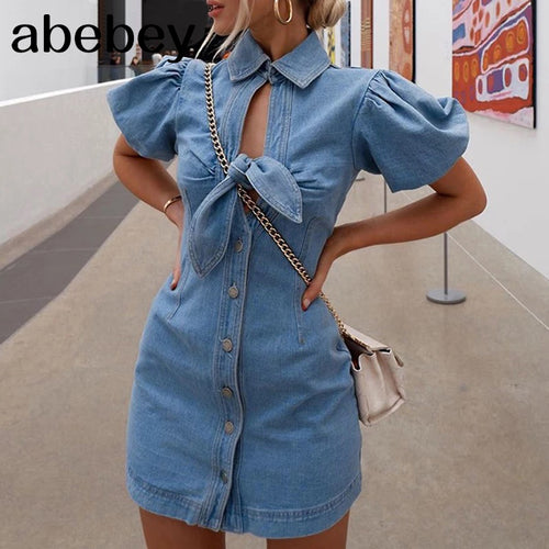 Elegant puff short sleeve bodycon jeans dress - winsomesboutique