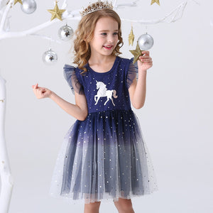 DXTON Flying Sleeve Kids Unicorn Party Dresses Children Clothing 3-8Y - winsomesboutique