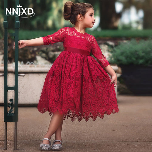 Kids Dresses For Girls Elegant Half-sleeve Lace Party Costume Red Children Prom Frocks 3-8Y - winsomesboutique