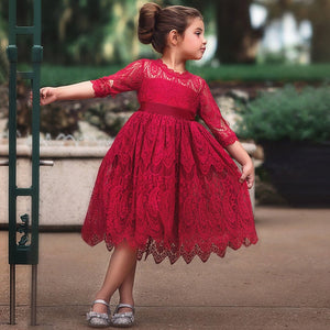 Kids Dresses For Girls Elegant Half-sleeve Lace Party Costume Red Children Prom Frocks 3-8Y - winsomesboutique