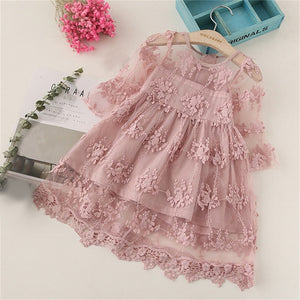 Kids Dresses For Girls Elegant Half-sleeve Lace Party Costume Red Children Prom Frocks 3-8Y - winsomesboutique