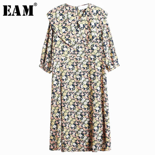 White Pattern Printed Three-quarter Sleeve Loose Fit Midi Dress - winsomesboutique