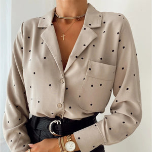 Lady Polka Dot Long Sleeve Turn Down Collar Pocket Cotton Casual Shirts