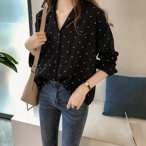 Lady Polka Dot Long Sleeve Turn Down Collar Pocket Cotton Casual Shirts