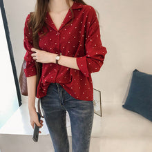 Load image into Gallery viewer, Lady Polka Dot Long Sleeve Turn Down Collar Pocket Cotton Casual Shirts
