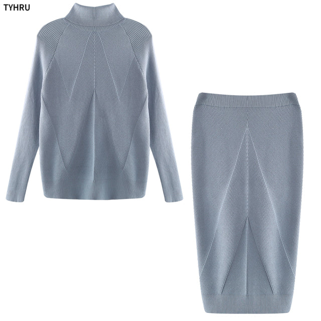 TYHUR Autumn Women Knitting Costume Turtleneck Solid Color Pullover Sweater + Slim Skirt Two-Piece Set