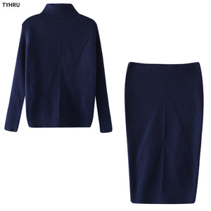 TYHUR Autumn Women Knitting Costume Turtleneck Solid Color Pullover Sweater + Slim Skirt Two-Piece Set