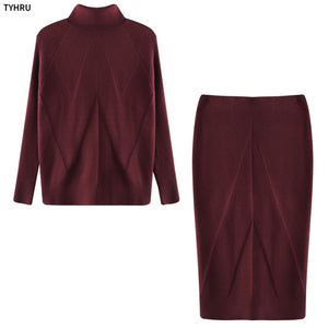 TYHUR Autumn Women Knitting Costume Turtleneck Solid Color Pullover Sweater + Slim Skirt Two-Piece Set