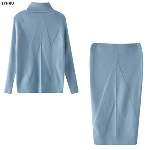 TYHUR Autumn Women Knitting Costume Turtleneck Solid Color Pullover Sweater + Slim Skirt Two-Piece Set