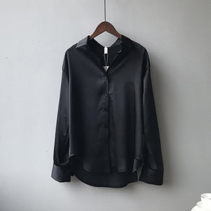 Ladies Elegant Shirt Blouse Women Fashion Button Up Satin Shirt Vintage White Long Sleeve Shirts