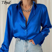 Load image into Gallery viewer, Elegant Satin Solid Long Sleeve Blouses Vintage Blue Green Casual Loose Fitting Buttons Down Shirts Tops

