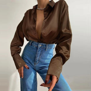 Elegant Satin Solid Long Sleeve Blouses Vintage Blue Green Casual Loose Fitting Buttons Down Shirts Tops