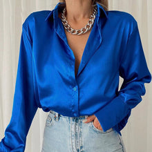 Load image into Gallery viewer, Elegant Satin Solid Long Sleeve Blouses Vintage Blue Green Casual Loose Fitting Buttons Down Shirts Tops
