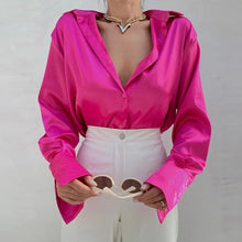 Load image into Gallery viewer, Elegant Satin Solid Long Sleeve Blouses Vintage Blue Green Casual Loose Fitting Buttons Down Shirts Tops
