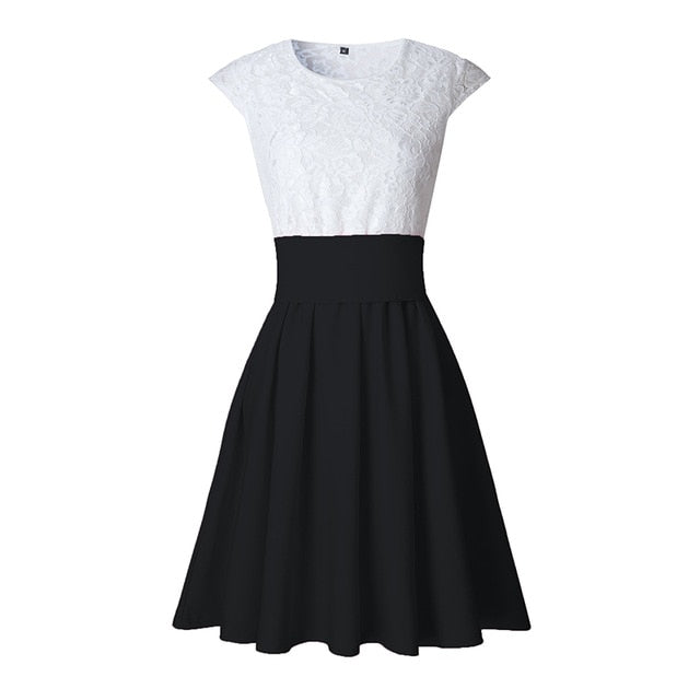 Sexy Mini Short Sleeve Pleated Lace O-Neck High Waist Short Dress - winsomesboutique