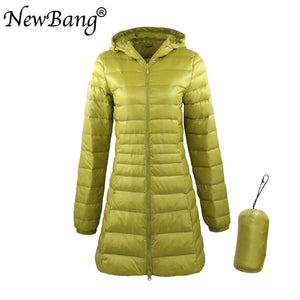 Ladies Long Warm Ultra Light Down Jacket With Portable Storage Bag Overcoats Hip-Length