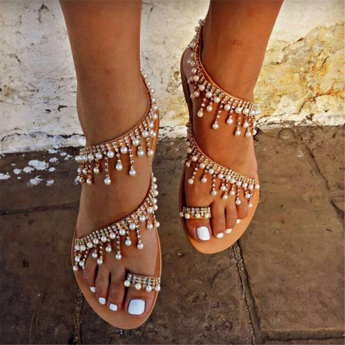 Women sandals summer flat pearl sandals flip flops rome shoes string bead slippers mujer gladiator sandalias sapatos femininos - winsomesboutique