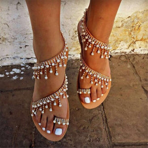 Women sandals summer flat pearl sandals flip flops rome shoes string bead slippers mujer gladiator sandalias sapatos femininos - winsomesboutique
